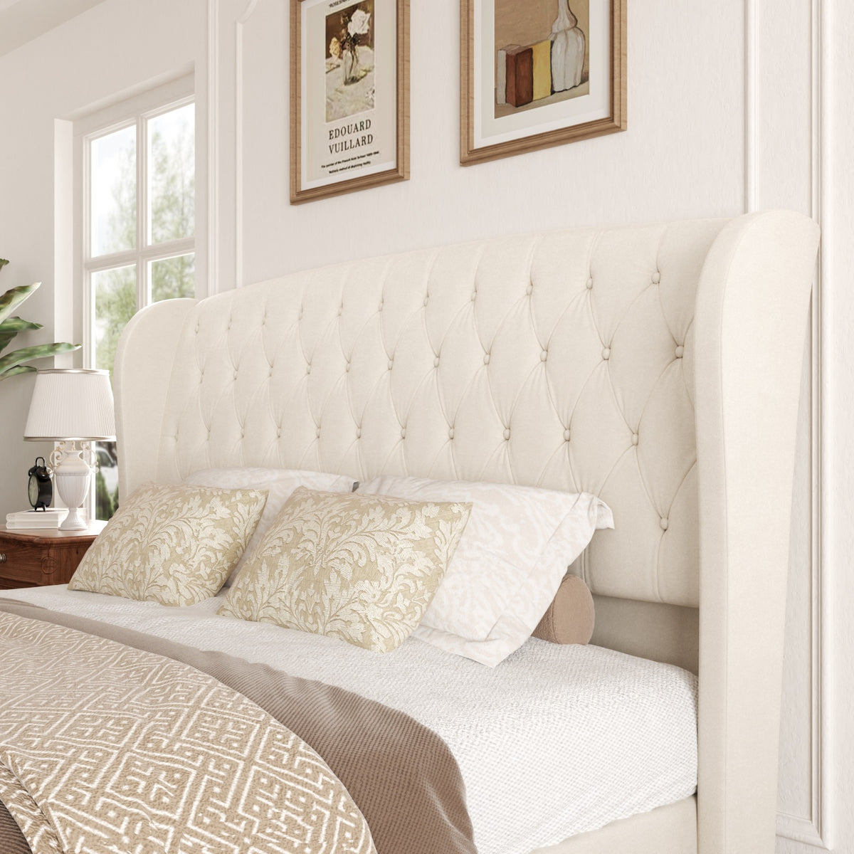 Celeste Tufted Wingback Bed in Beige