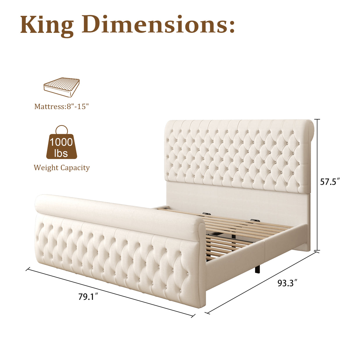 Elara Tufted Sleigh Bed in Beige - King size guide