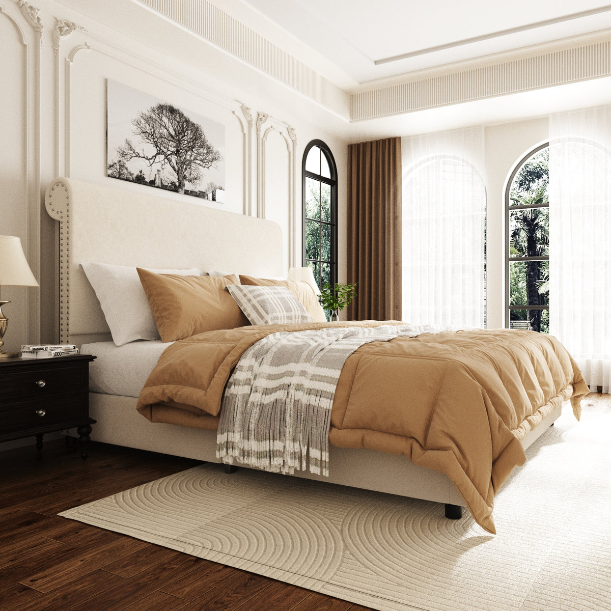 Hiro Curved Platform Bed in Beige