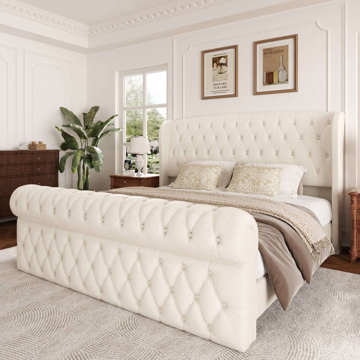 Celeste Tufted Wingback Bed in Beige