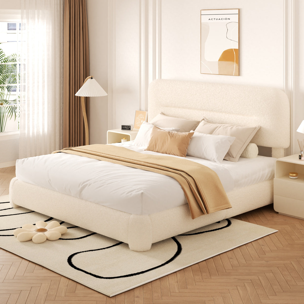 Haven Boucle Platform Bed in Beige