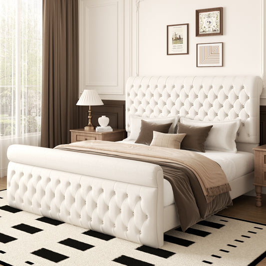 Elara Tufted Sleigh Bed in Beige