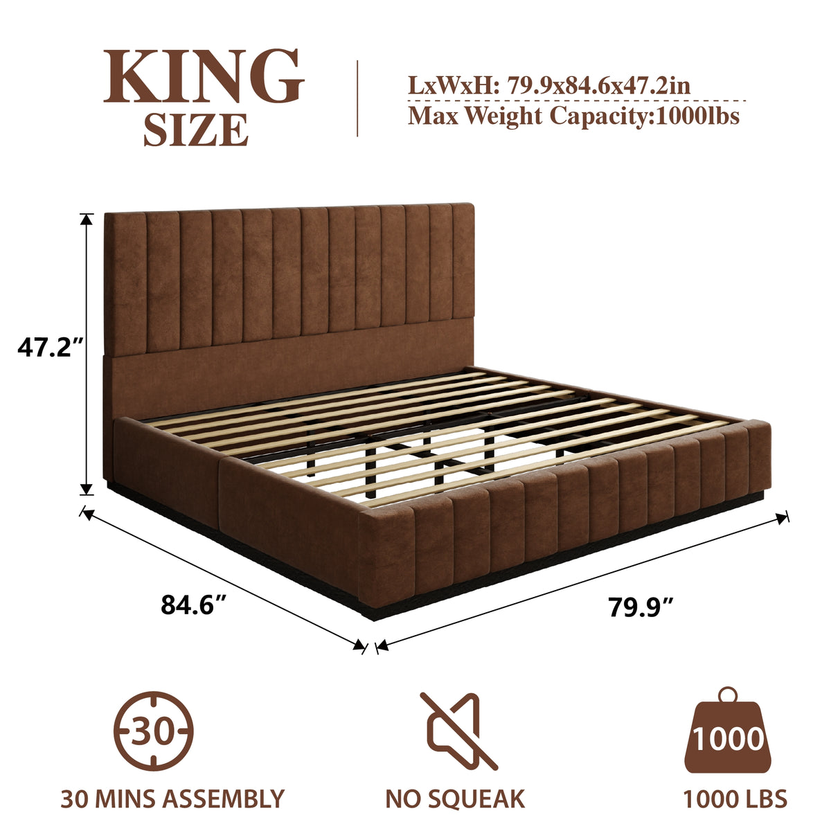 Oslo Channel Bed with Wood Base in Brown, Dark Finish – King size guide