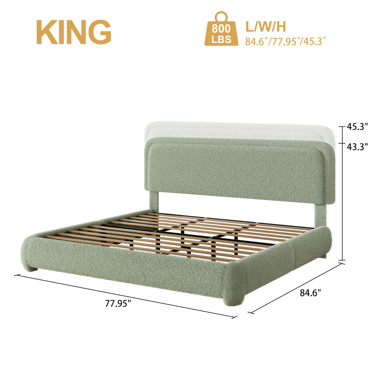 Sora Boucle Platform Bed in Green – King size guide