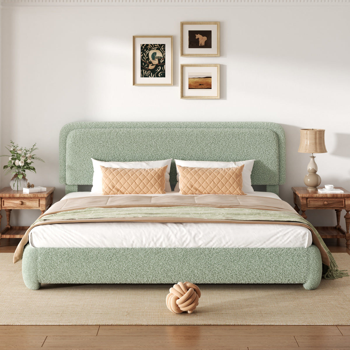 Sora Boucle Platform Bed in Green