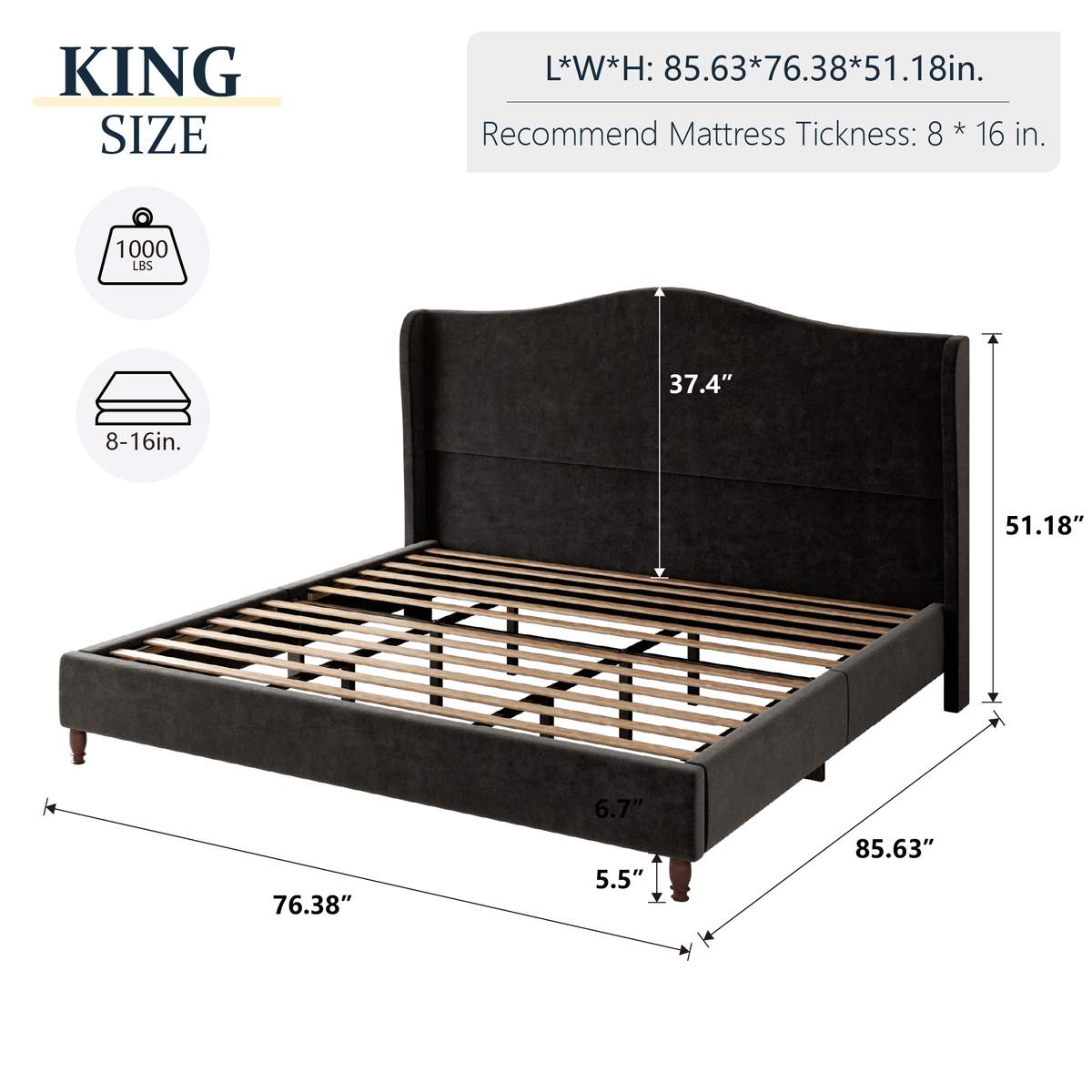 Mira Arched Wingback Bed in Black - King size guide