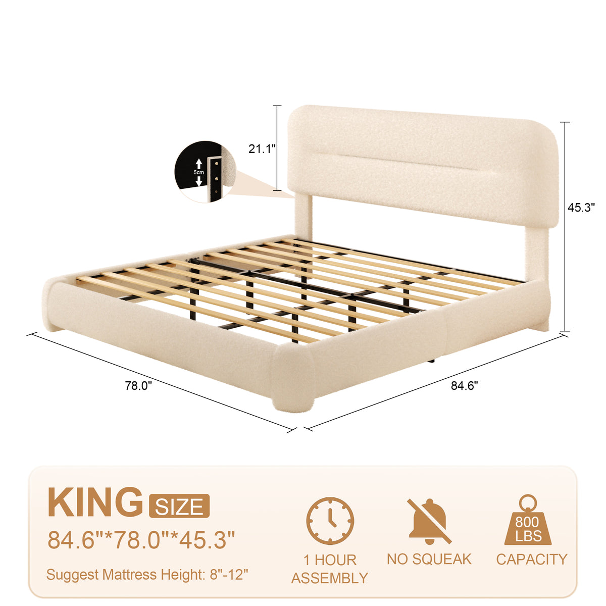 Haven Boucle Platform Bed in Beige – King size guide