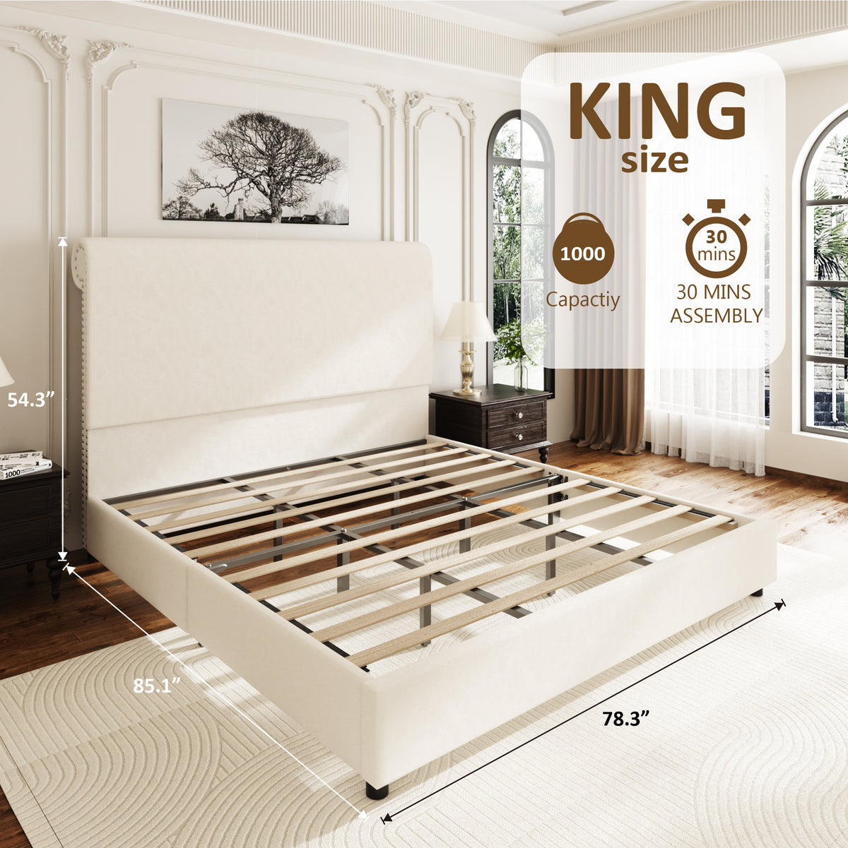 Hiro Curved Platform Bed in Beige - King size guide