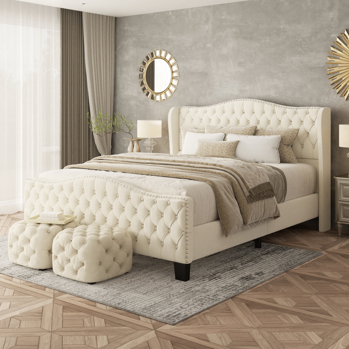 Delia Tufted Bed with Footboard in Beige