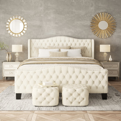 Delia Tufted Bed with Footboard in Beige