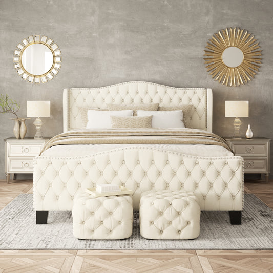 Delia Tufted Bed with Footboard in Beige