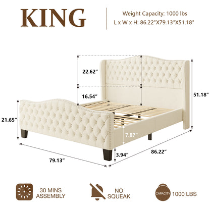 Delia Tufted Bed with Footboard in Beige - King size guide