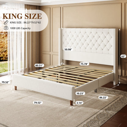 Luna Nailhead Wingback Bed in Beige – King size guide