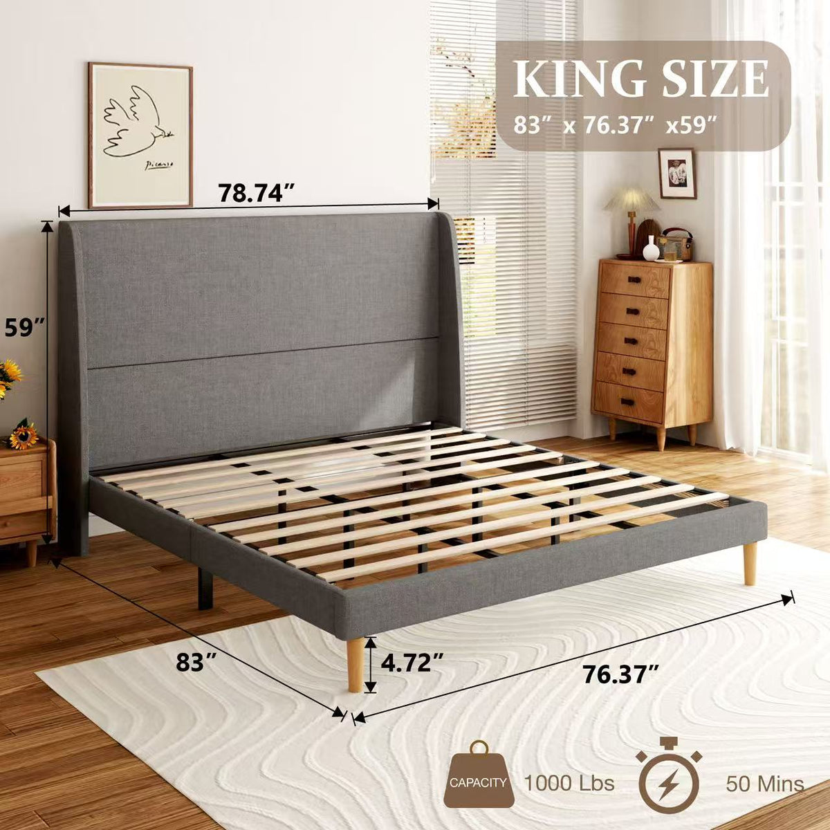 Aria Linen Wingback Bed in Gray – King size guide
