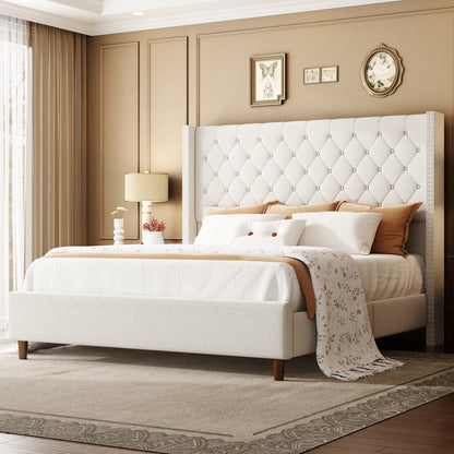 Luna Nailhead Wingback Bed in Beige