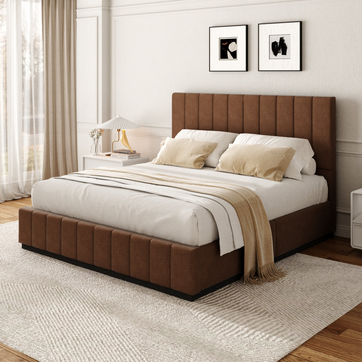 Oslo Channel Bed with Wood Base in Brown, Dark Finish