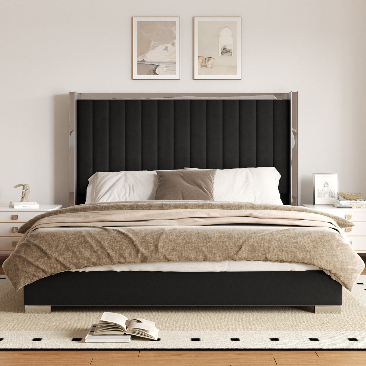 Vega Channel Tufted Bed with Metal Frame in Black
