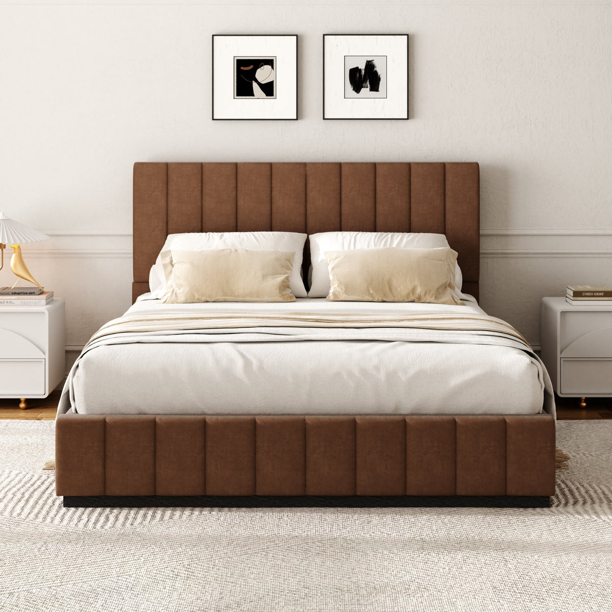 Oslo Channel Bed with Wood Base in Brown, Dark Finish