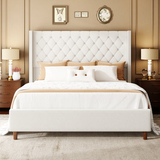 Luna Nailhead Wingback Bed in Beige
