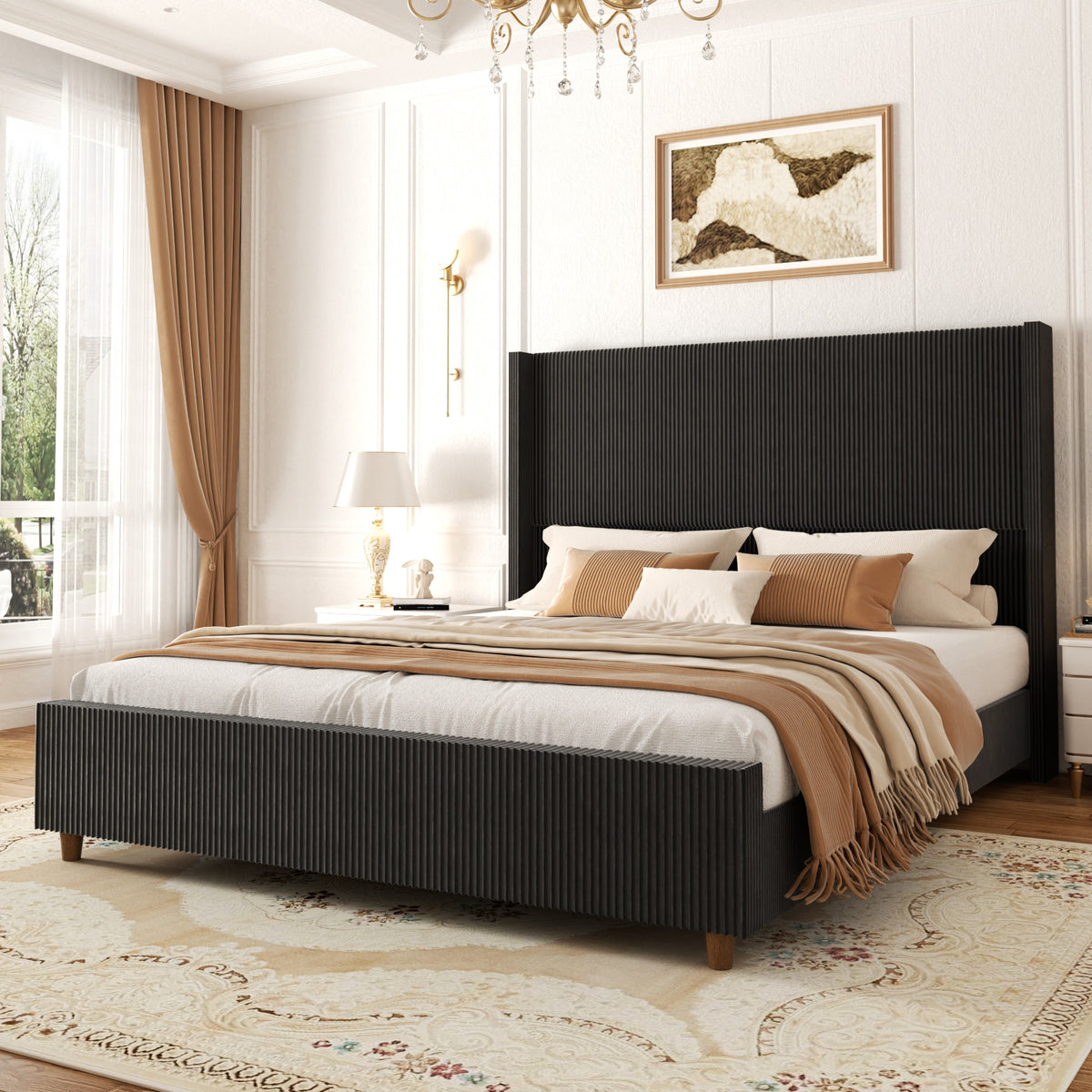 Basalt Fluted Wingback Bed in Black