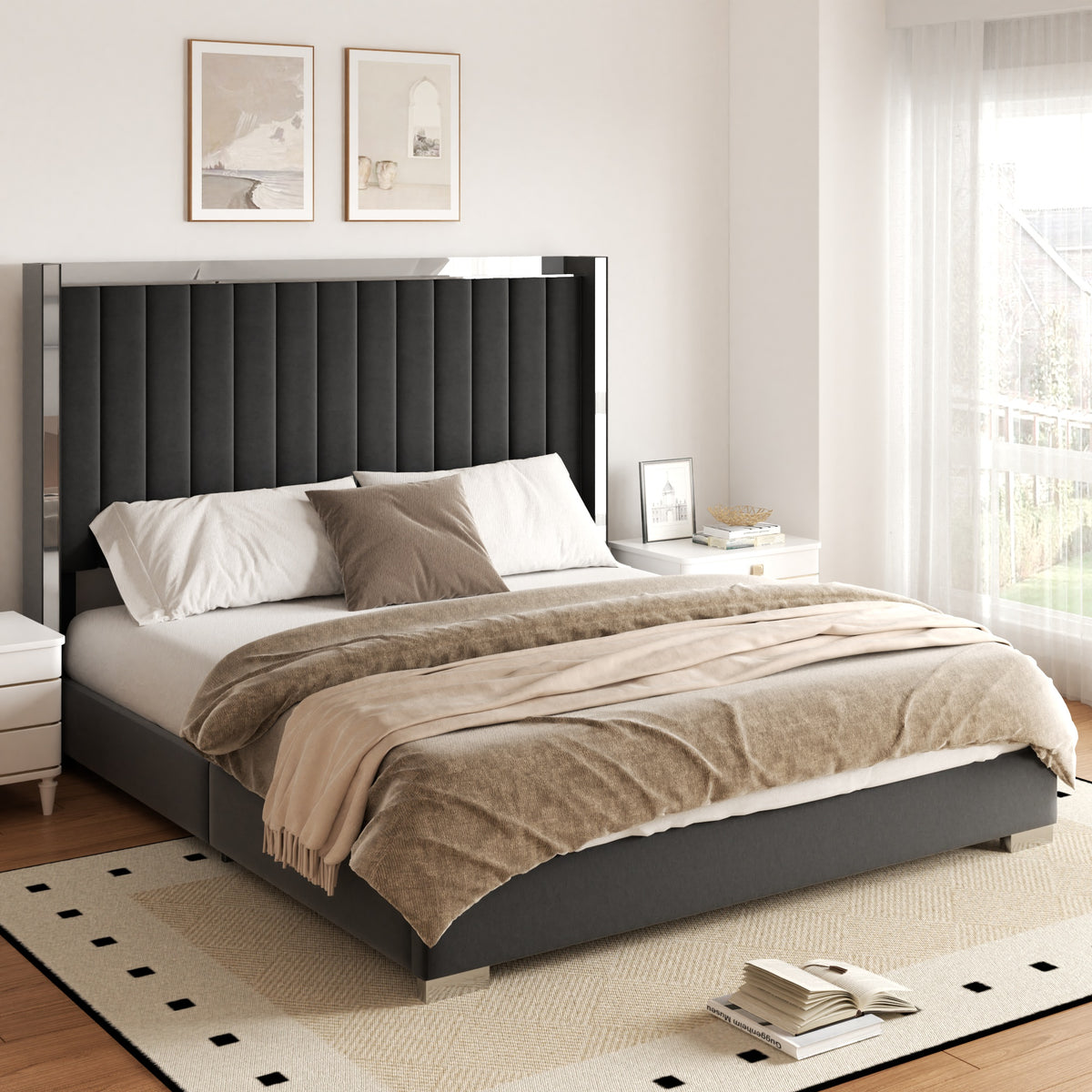 Vega Channel Tufted Bed with Metal Frame in Black