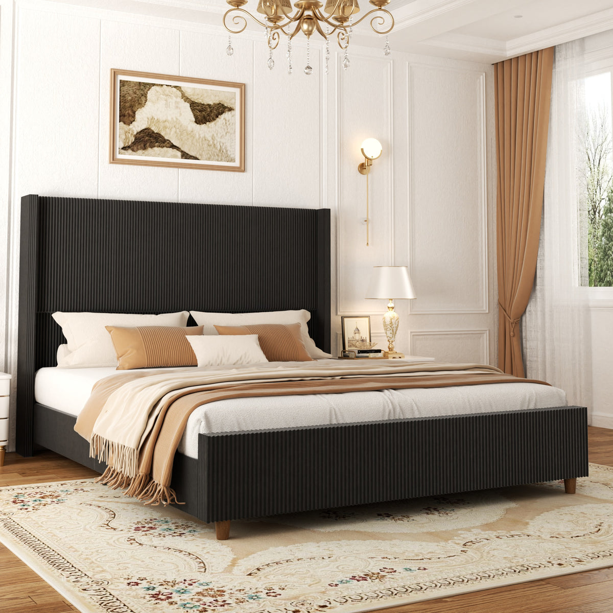 Basalt Fluted Wingback Bed in Black