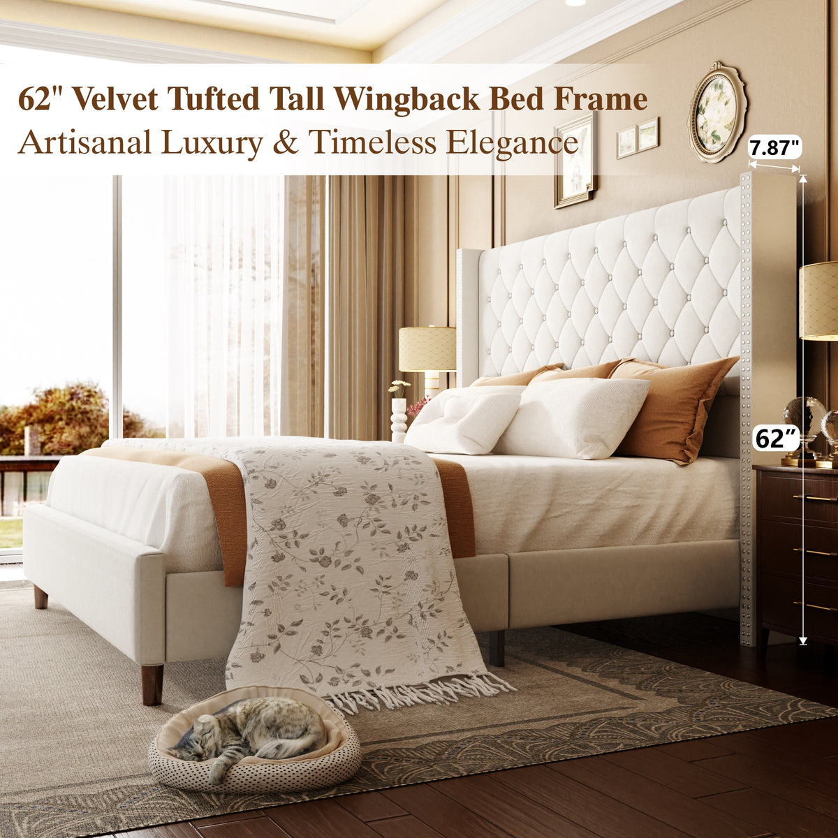 Luna Nailhead Wingback Bed in Beige