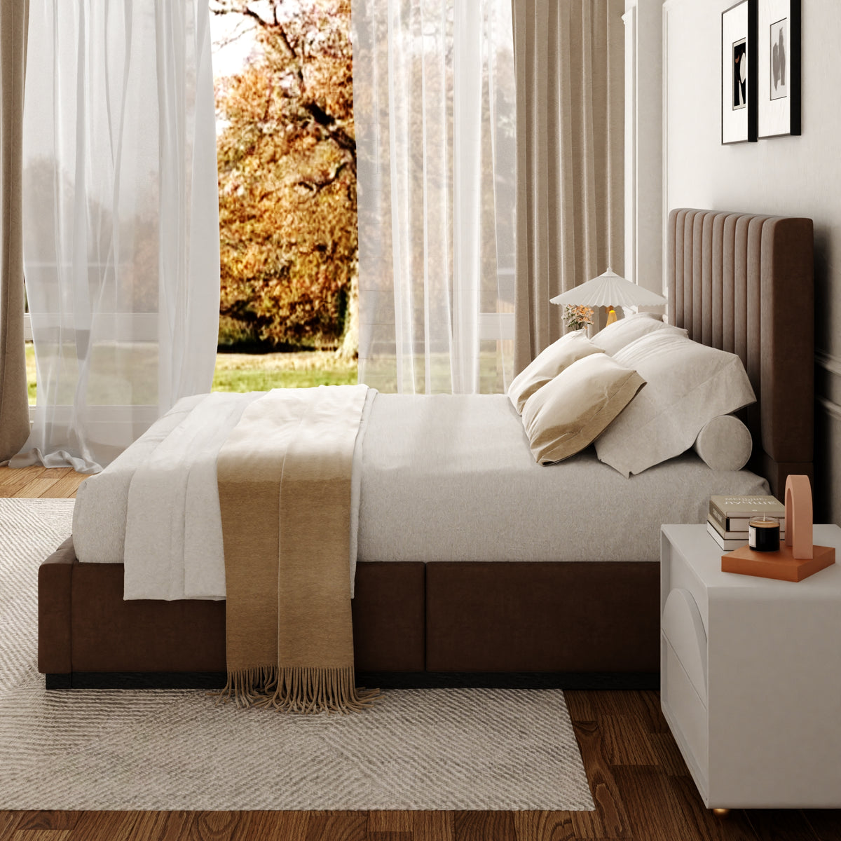 Oslo Channel Bed with Wood Base in Brown, Dark Finish