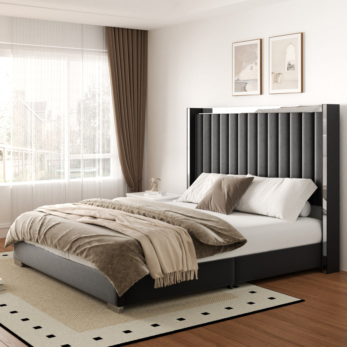Vega Channel Tufted Bed with Metal Frame in Black