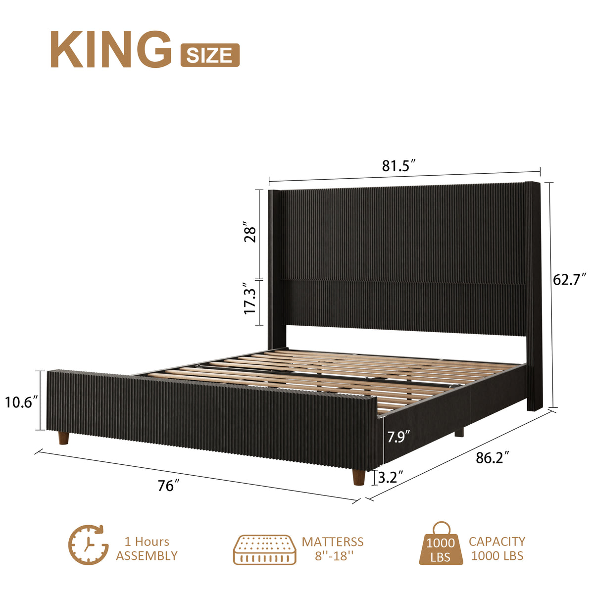 Basalt Fluted Wingback Bed in Black – King size guide