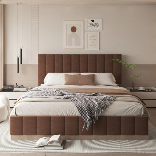 Oslo Channel Bed with Wood Base in Brown, Natural Wood Finish