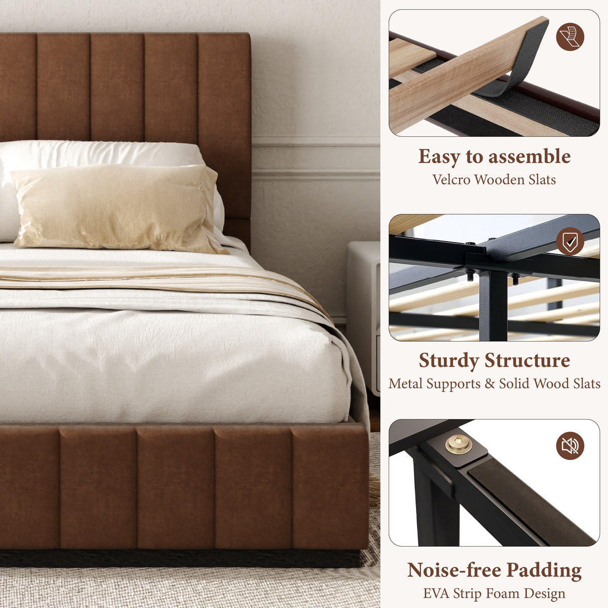 Oslo Channel Bed with Wood Base in Brown, Dark Finish – detail