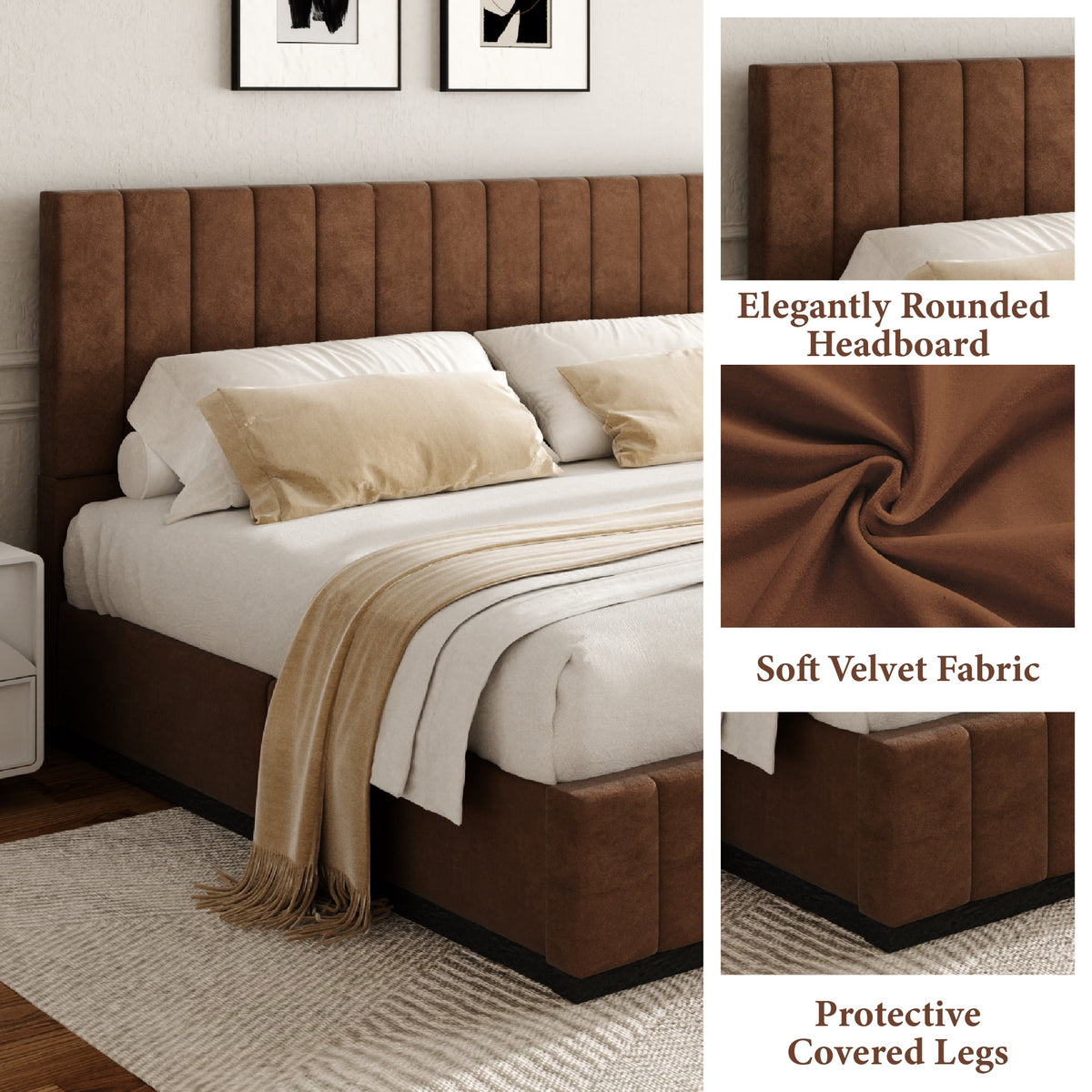 Oslo Channel Bed with Wood Base in Brown, Dark Finish – detail