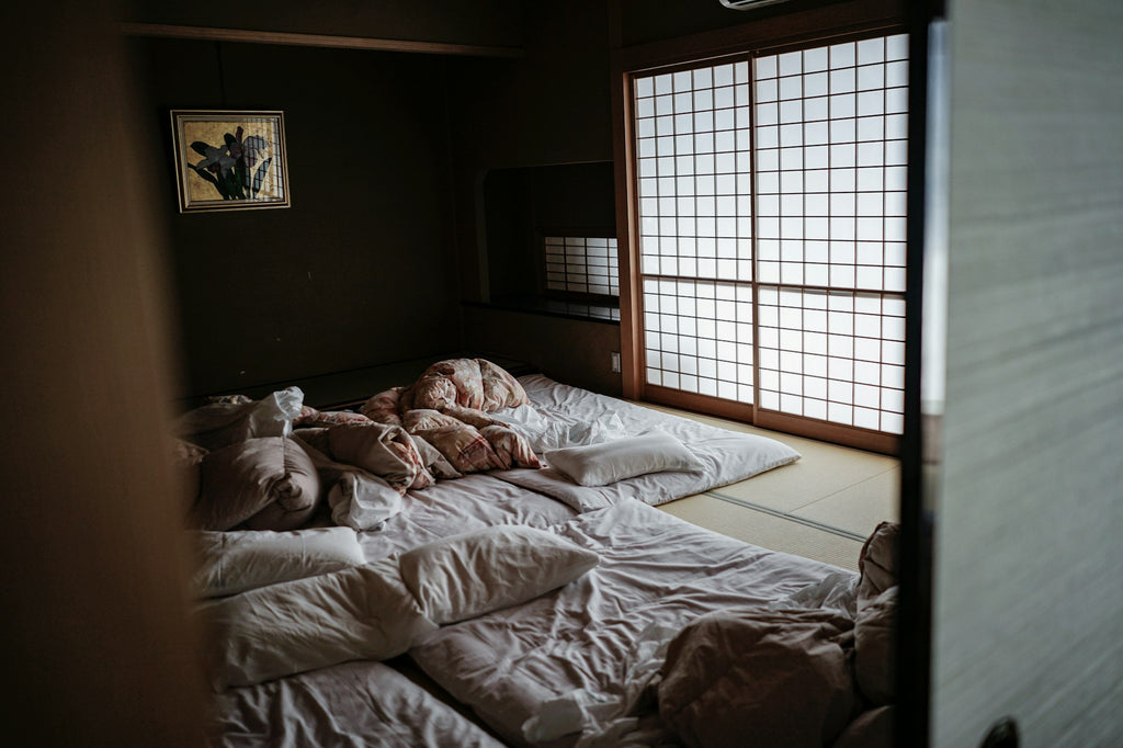Kioko low platform bed in a calm bedroom